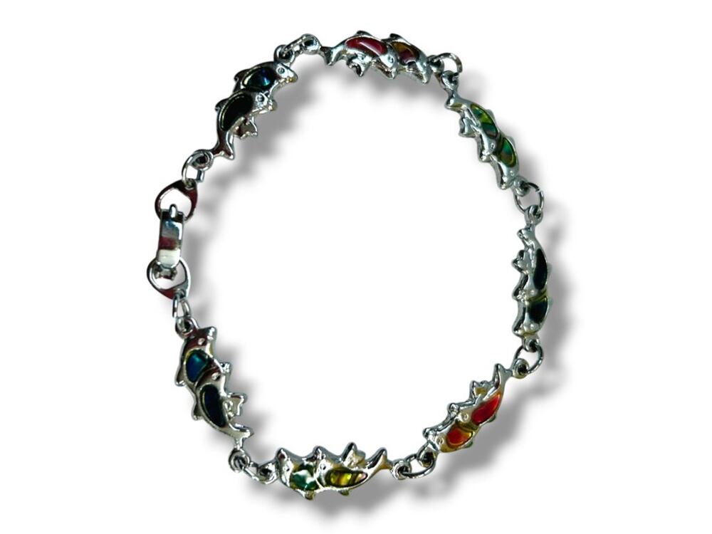 Vintage‎ Enameled Silvertone Bracelet Dolphin Multicolor Foldover Clasp 7.5"